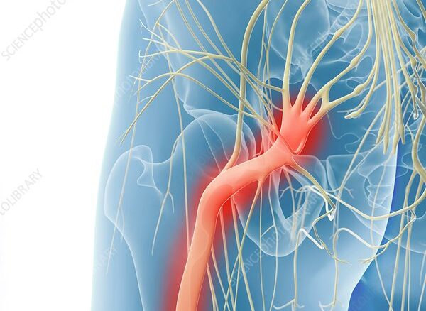 Inflamed sciatic nerve, computer artwork.